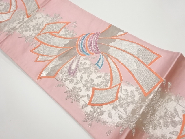 JAPANESE KIMONO / VINTAGE FUKURO OBI / PLATINUM​ FOIL / WOVEN SAKURA